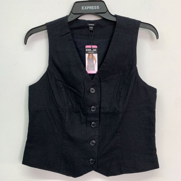 Express Women's Vest S Classic Fit V-Neck Button Up Linen Vest Black Size S - Picture 1 of 6